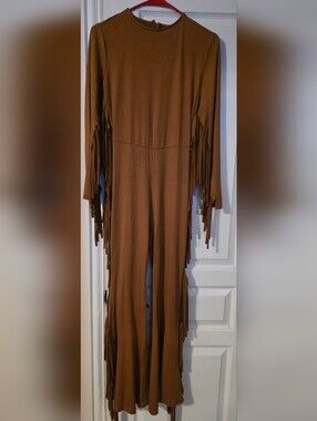 Fashion Nova Brown Fringe Long-Sleeve Jumpsuit